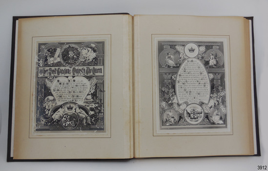 Cream pages, rectangular boarder in centre of pages, images and text on each - Address to Your Majesty