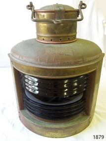 Navigation lamp, brass with green rippled glass window and swing handle