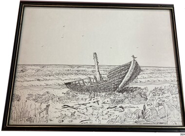 Black frame with gilt inner border. Black ink on white paper. Wrecked vessel on rocks on shore.