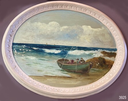 Painting on cast plaster frame, small fishing boat, two figures on board, on shore.