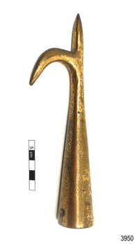 Conical shaped brass fitting with curved hook moulded into the shape.