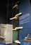Metal fittings suspended in pairs down a tall wall