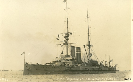 Black and white photograph of a battleship