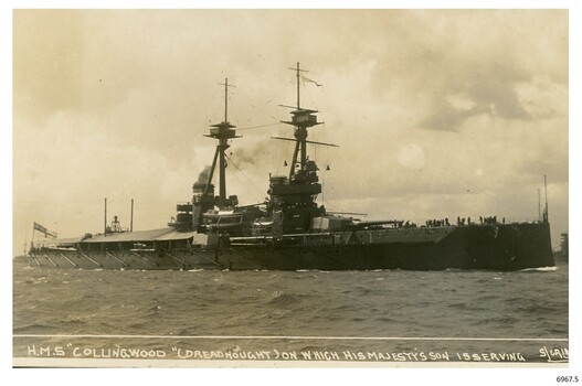 Black and white photograph of a battleship