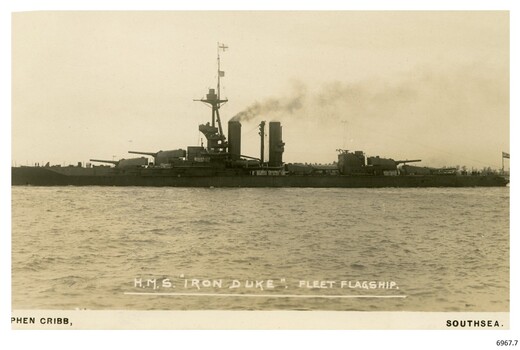 Sepia photograph of a battleship