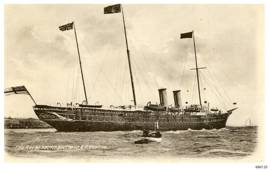 Battleship flying several flags. Black and white photograph