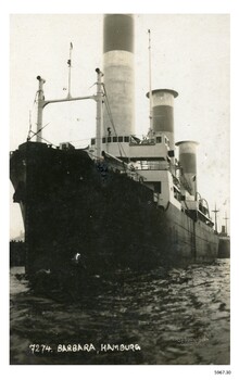 Close-up of the bow of a battleship, black and white