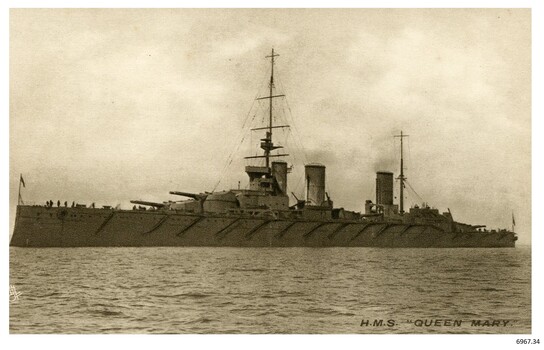 Black and white photograph of a battle cruiser at sea