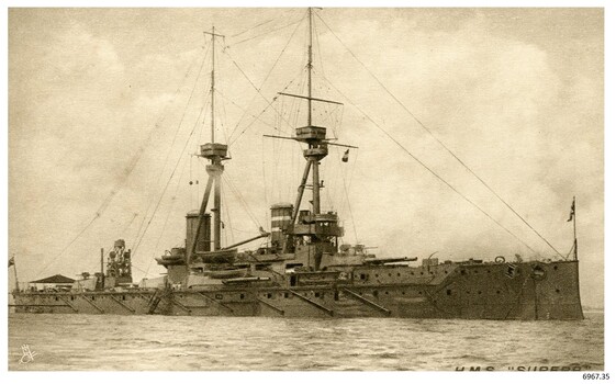 Black and white photograph of a battleship
