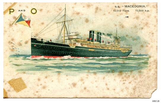 Coloured drawing of the P&O ship SS MACEDONIA. Inscription on back .