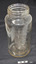 Tall jar with wide mouth, clear glass, inscription on one side