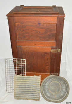 Ice chest with accessories; shelf, stand and bowl.