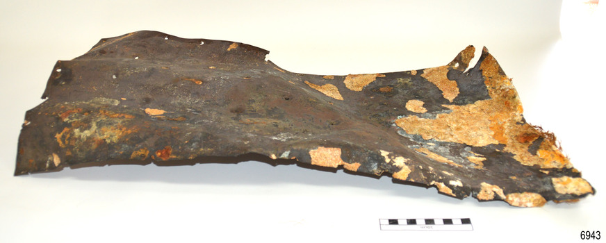 Copper sheathing is buckled and corroded 