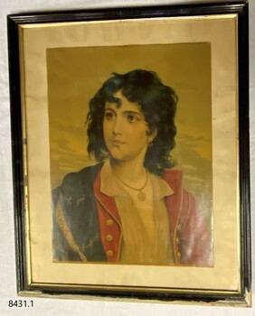 A female figure wearing a naval type of coat and pendent around her neck on a brown background, in a black frame