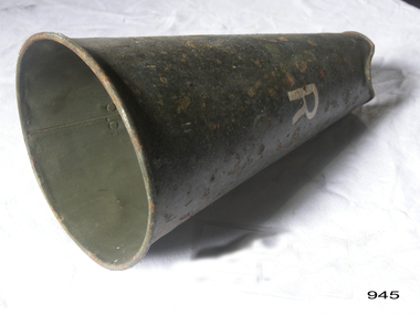 A round conical megaphone with the letter 'L' on the outside