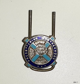 Round silver metal badge with light and dark blue enamel, inscriptions and symbol of a burning bush