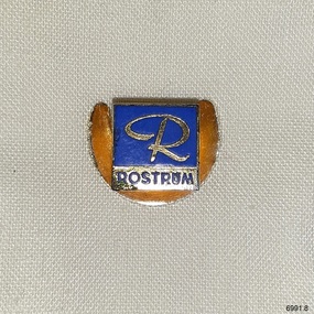 A square badge of bold coloured metal with blue enamel on the top three-quarters
