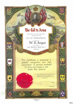 Portrait orientation, coloured and printed certificate with illustrations, test and seal