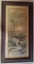Framed watercolour painting, upright rectangle, cottage by a creek with trees in background
