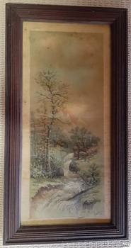 Framed watercolour painting, upright rectangle, cottage by a creek with trees in background