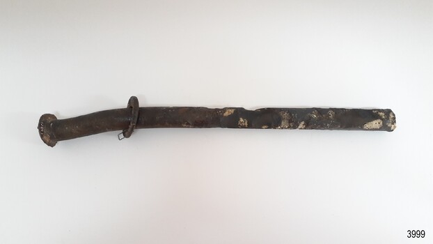 Large metal nail with metal washer attached. Nail is bent and has encrustations