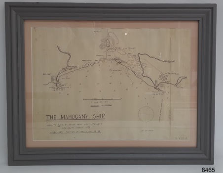 Chart in grey  painted frame behind glass, showing a bay between rivers and nearby towns