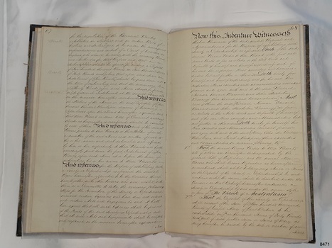 Double page spread, written in pen and ink, large headings