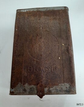 Base of metal drawer has impressed inscriptions. Handle is fixed to the base.