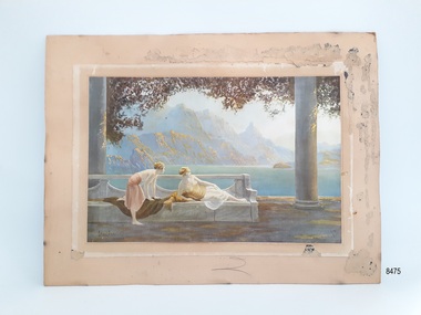 Unframed print of a lake view, with two female figures on a bench in the foreground in the Art Deco style. 