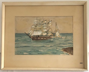 Framed painting shows Falls of Halladale, a four-mastered sailing ship, beginning to sink with the stern below water.