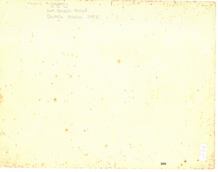 Handwritten label in pen - "FROM: P. Gregory, 365 Beach Road, BLACK ROCK, 3193