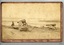 Sepia photograph of man sitting on one of two cannon facing Lady Bay, Warrnambool