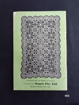 Back cover of tatting instruction book showing a rectangular doily and the name and address of Semco Pty Ltd