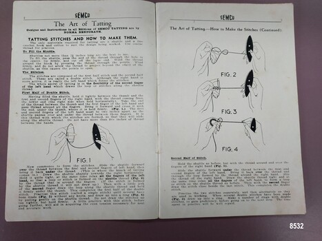 Two pages of written instructions and drawn illustrations explaining how to make different tatting knots