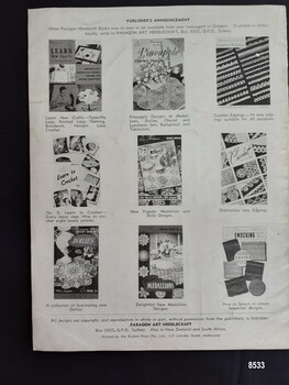 Soft back cover of a tatting craft book showing nine other craft books published by Paragon Art Needlecraft