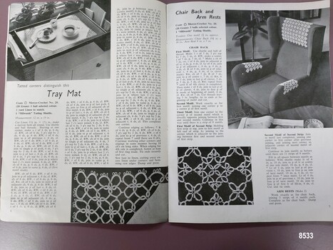 Two pages with printed instructions for working the designs shown in the black and white photographs