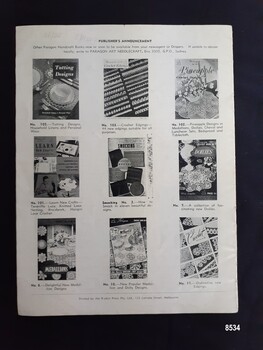 Back soft cover of a tatting instruction book showing black and white photographs and a short description of nine Paragon handcraft books.