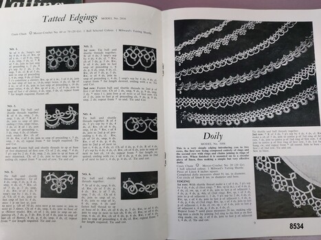 Two pages with instructions and black and white photographic illustrations for tatting six different edgings and a doily
