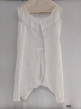 Lady's fine white sleeveless lawn combinations with lace trim on neck, armholes, bodice and legs