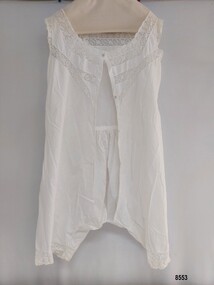 Lady's fine white sleeveless lawn combinations with lace trim on neck, armholes, bodice and legs