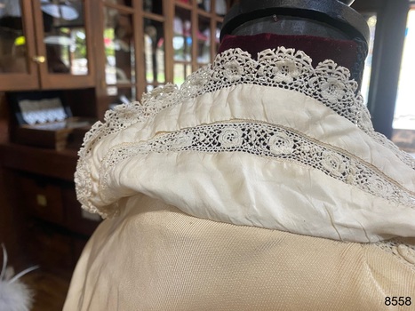 View of the lining of the lace edged collar.