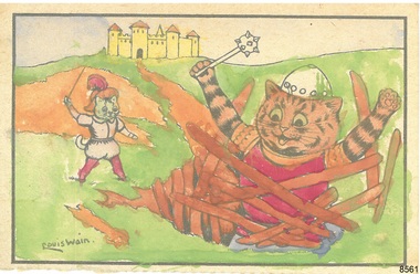 Coloured image of tiger-striped cat with helmet and mace, another cat dressed in armour, castle in background