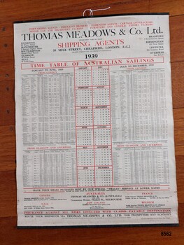 Thomas Meadows & Co Ltd shipping chart showing all ships (with ports and dates) travelling to Australia from the UK in 1939