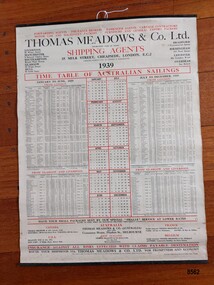 Thomas Meadows & Co Ltd shipping chart showing all ships (with ports and dates) travelling to Australia from the UK in 1939