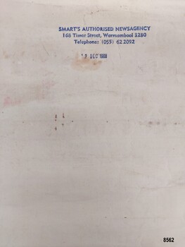 Stamp showing name, address and telephone number of newsagency and date