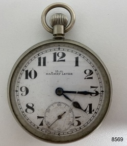 Front view of silver toned fob watch