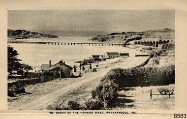 Hopkins River mouth with bridge, boathouses and young pine trees