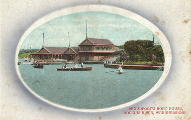Rectangular card with oval cameo of figures in row boats on the river in front of a boathouse