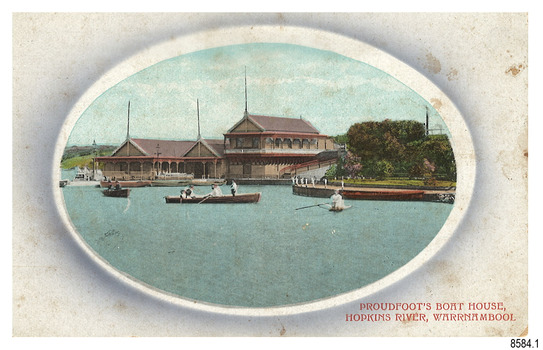 Rectangular card with oval cameo of figures in row boats on the river in front of a boathouse