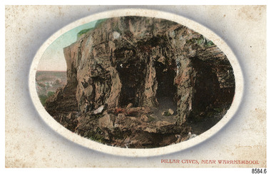 Figures waling on the rocks and in the high cave that has pillars in the entry